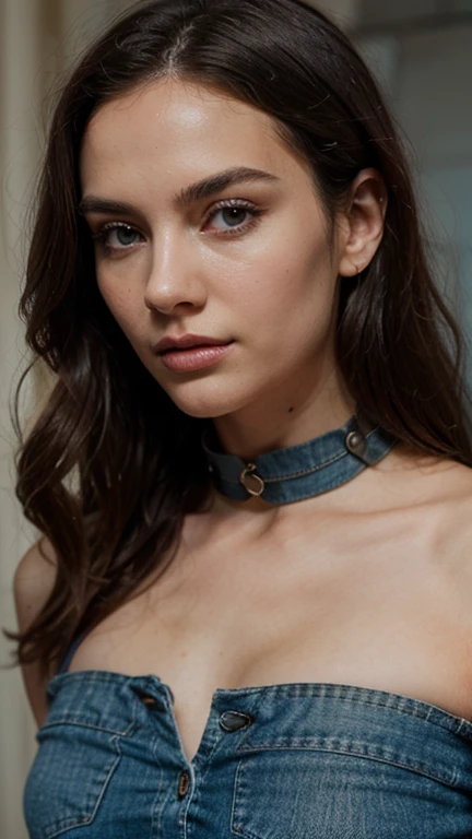 Sophie Turner, (bdsm, bondage, drool dripping, drool dangling) cleavage, 8k, realistic, slave, medium breasts, choker, sexy bra, drool on chest, dripping wet, drooling, drool dripping from chin, hands tied behind, drool all over face, lots of drool, perfect body, smooth skin, humiliation