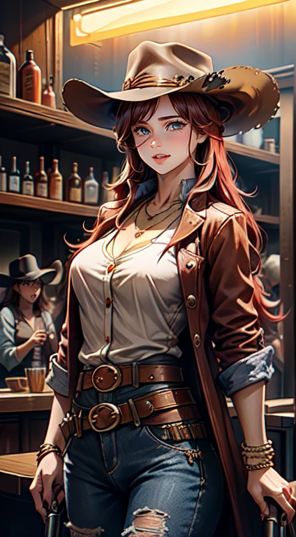 (busty red headed woman in cowboy outfit and jeans), ((sitting at bar)) ,(soft warm light in room), (freckles), (beautiful detailed face:1.8), perfect proportions, blue eyes, hair in ponytail, cleavage, (bottle of whiskey on bar:1.3) , (smokey room) , dramatic lighting, sweaty, Masterpiece, best quality, UHD, 8k detailed, detailed eyes, ((cowboy belt and revolver)), red hair, dust particles catching light, (slight smile) , (revolver on bar next to her:1.56)