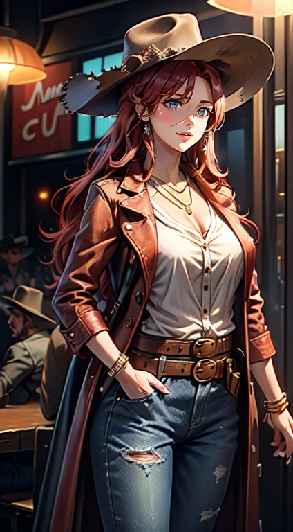 Super Realistic, 8k, Masterpiece, High Definition, Cinematic, 1950s Western, Movie Poster, Beauty With Handgun Holster Slung to Hip, Gunman, Sheriff, Red-Haired Caucasian Woman, Slender, Calamity Jane, Sheriff Batch, Ten-gallon Hat, Cleavage, Torn Jacket, Torn Pants, Confronting Villains, Colt in Hip Holster, (title), Impressive lighting, 3D rendering and western street corners