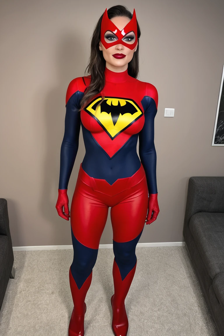 A beautiful sexy woman wearing a Supergirl cosplay outfit, detailed realistic 4k highres masterpiece:1.2, UHD ballgag (color) + gag ch4irtied