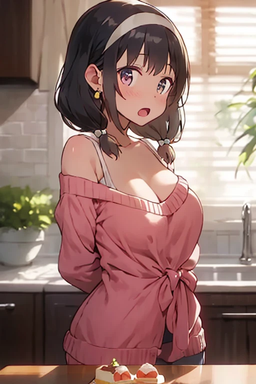 masterpiece, yor, 1girl, Amazing Cleavage:1.3, thin waist, big ass, Raised sexy, medium breast: 1.8 posed cleavage:1.2、solo, looking at viewer, open mouth, have a cup of coffee,black hair, red eyes, dress, bare shoulders, jewelry, collarbone, sidelocks, hairband, earrings, indoors, off shoulder, :o, sweater, arms behind back, plant, short hair with long locks, white hairband, off-shoulder dress, sweater dress, off-shoulder sweater, red sweater, big side hair, very long side hair,is rendered in (masterpiece: 1.2, best quality), with (ultra high resolution) and an exquisite (depth of field). This masterpiece is not only visually stunning but also tells, make of cake cooking ,in the kitchen