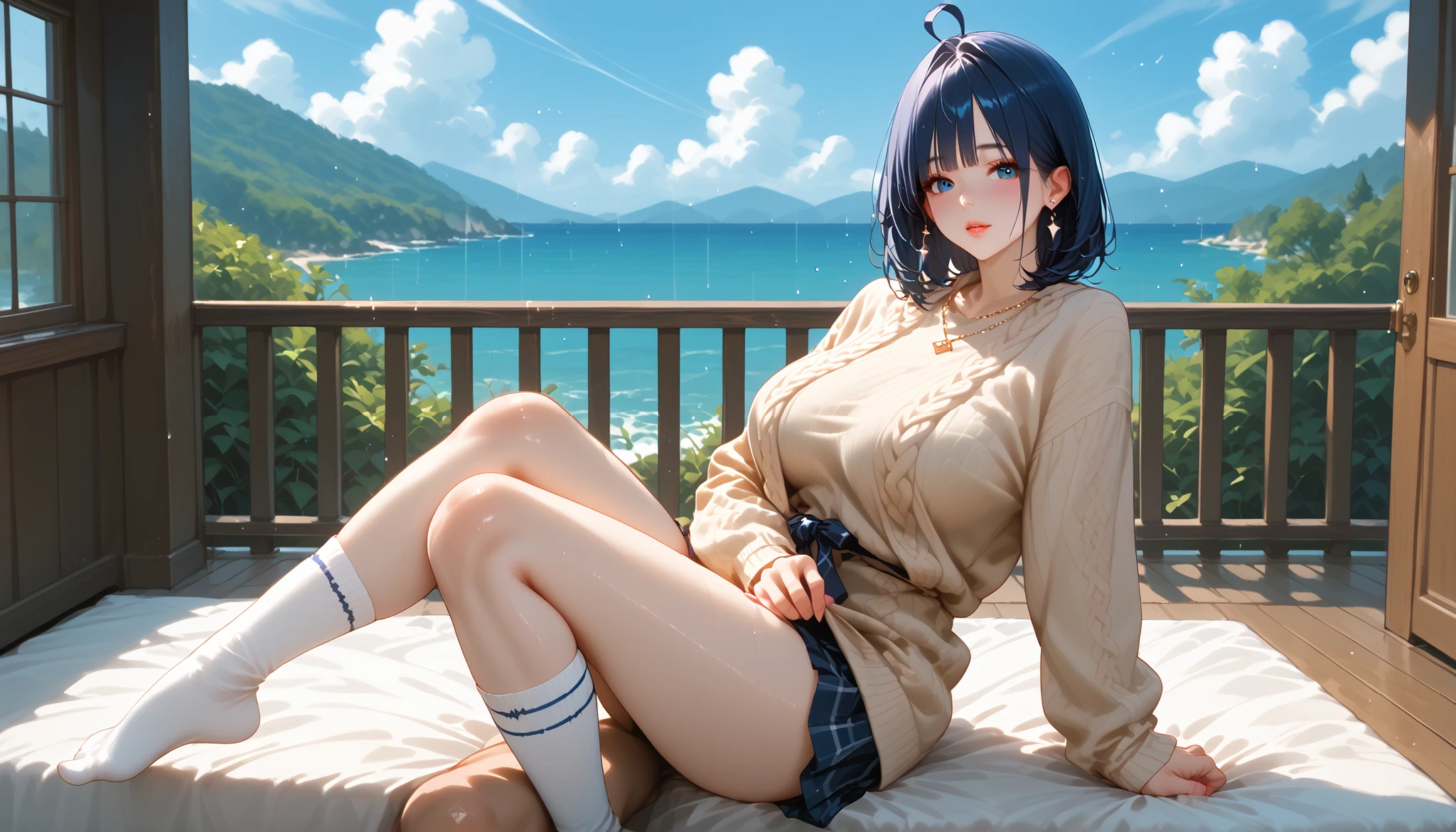 Masterpiece, top quality, super high resolution, (illustration style), (full body anime illustration, detailed anime style, beautiful art style, style anime, anime style illustration), (detailed skin, shiny skin, detailed skin texture), (biologically accurate skeleton, accurate limbs), 18 years old, slender body, cute face (beautiful woman, beautiful woman, sitting on the ground wearing sneakers, (blue, white, black), anime girl squatting, (beautiful big tits), (casual shirt, casual sneakers, simple pleated skirt), (young anime girl), casual pose, urban girl fanart, ( short bob hair, shaggy hair), monotone background, simple coastal background, hocus pocus on person, blurred background, bare feet and cute sandals,