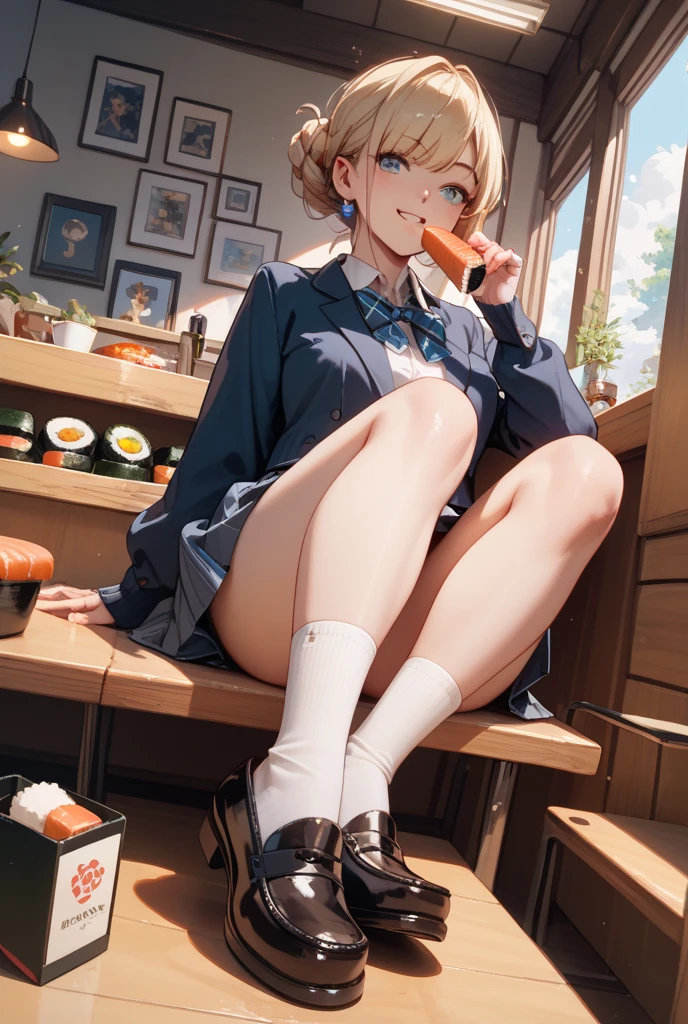 ((masutepiece)), ((Best Quality)), (Ultra-detailed), ((Extremely detailed)), 4K, (8K), Best Quality, (Beautiful), Anime style, Upper body, from below looking up, full body focus, In the classroom, Cute little girl s, 1girl in, Solo, School uniform, (I am sitting on a chair with my legs spread wide, facing towards me, Showing her panties:1.2),Beautiful light brown hair, ((Beautiful eyes)), Long hair, Buttocks, large full breasts, Ashamed, sparkling effect, Lens Flare, shiny-glistening, gleaming,NSFW