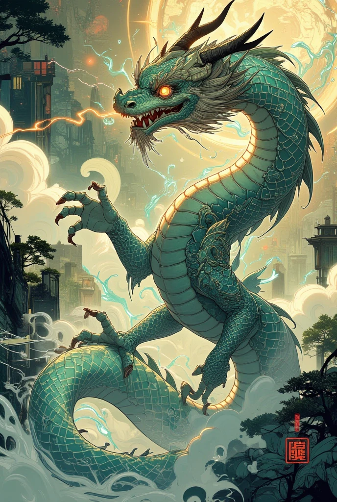 <lora:add-detail-xl:2.4> <lora:xl_more_art-full-xl:0.6> <lora:lyco-style-envydramaticlightingxl01_digital_art-xl:0.3> <lora:eastern_dragon-xl-by_hevok:1.0> <lora:rmsdxl_enhance-xl-by_rmada:2.0> <lora:rmsdxl_creative-xl-by_rmada:1.0> movie poster style, traditional ghostly chinese dragon, famous artwork by (malcolm liepke:1.2) and (michael kormarck:1.2), a colossal majestic eastern dragon with (ghostly glowing eyes:1.2) and a wavy glowing mane in a futuristic asian city at night, its body is covered with iridescent and (magically glowing scales arranged in mesmerizing fractal patterns:1.2), towering skyscrapers darken the sky, illuminated the clouds, silhouettes of people watching the spectacle, (hazy, cloudy, foggy, ghostly, eerie, ethereal, magical:1.1), (dark corners:1.2), ultra detailed