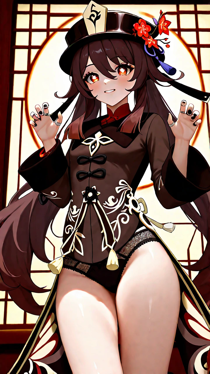 HuTao,HuTao\(genshin\),dormitorio de fondo,1 chica,acostada,en una cama,ella solo,sonriendo,mirando al espectador,symbol-shaped pupils,by the chestnut,black nails,flor,anillo,joyas,mangas largas,solo,pelo largo,nail polish,ojos rojos,mariposa,ropa china,medias blancas,dos colas,sonrisa,tiene flor,pelo entre los ojos,golpes,Sombreros negros, desnuda,sin calzon,mostrando su vagina, vagina perfecta, piernas abiertas, vagina, ano perfecto, ver vagina, vagina desnuda,brown pubic hair, vagina peluda,pose,misionero