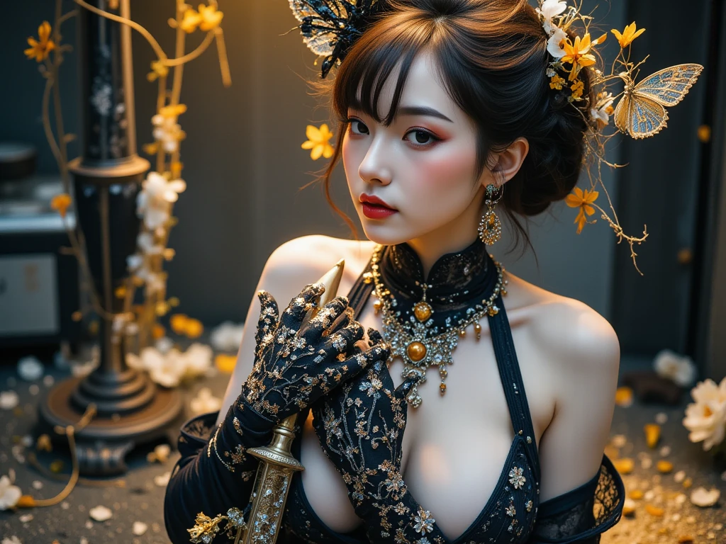 (lace masquerade mask for women:1.4), masterpiece, raw, realistic, high-resolution, (detailed), (photograpy), (photorealistic), (wide shot), full_body, 1girl, solo focus, (20 years old sexy korean girl), long hair, looking at viewer, parted lips, large breasts, collared shirt, earrings, parted bangs, forehead, red necktie, chair, micromini, microskirt, seductive smile,