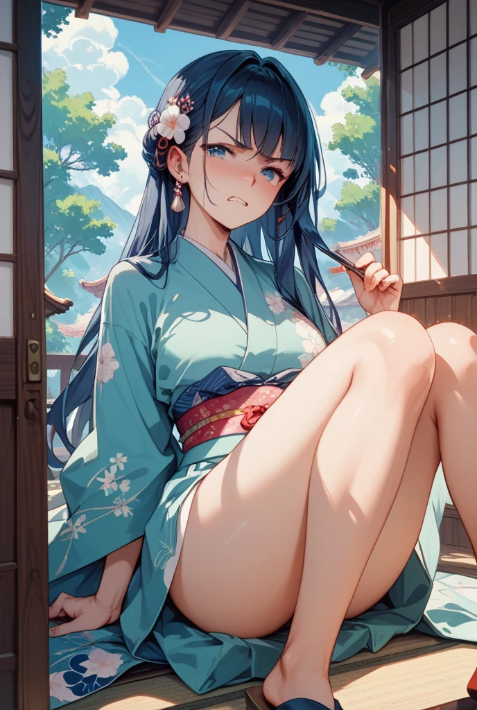 NSFW,masterpiece,Highest quality,High resolution,Super detailed,dawn_\(pokemon\),blue eyes, Blue Hair, Long Hair, Side Lock, Hair Clip,High-quality yukata,Embarrassed,blush,hostel,Japanese-style room,tatami,Hypnosis,brainwashing