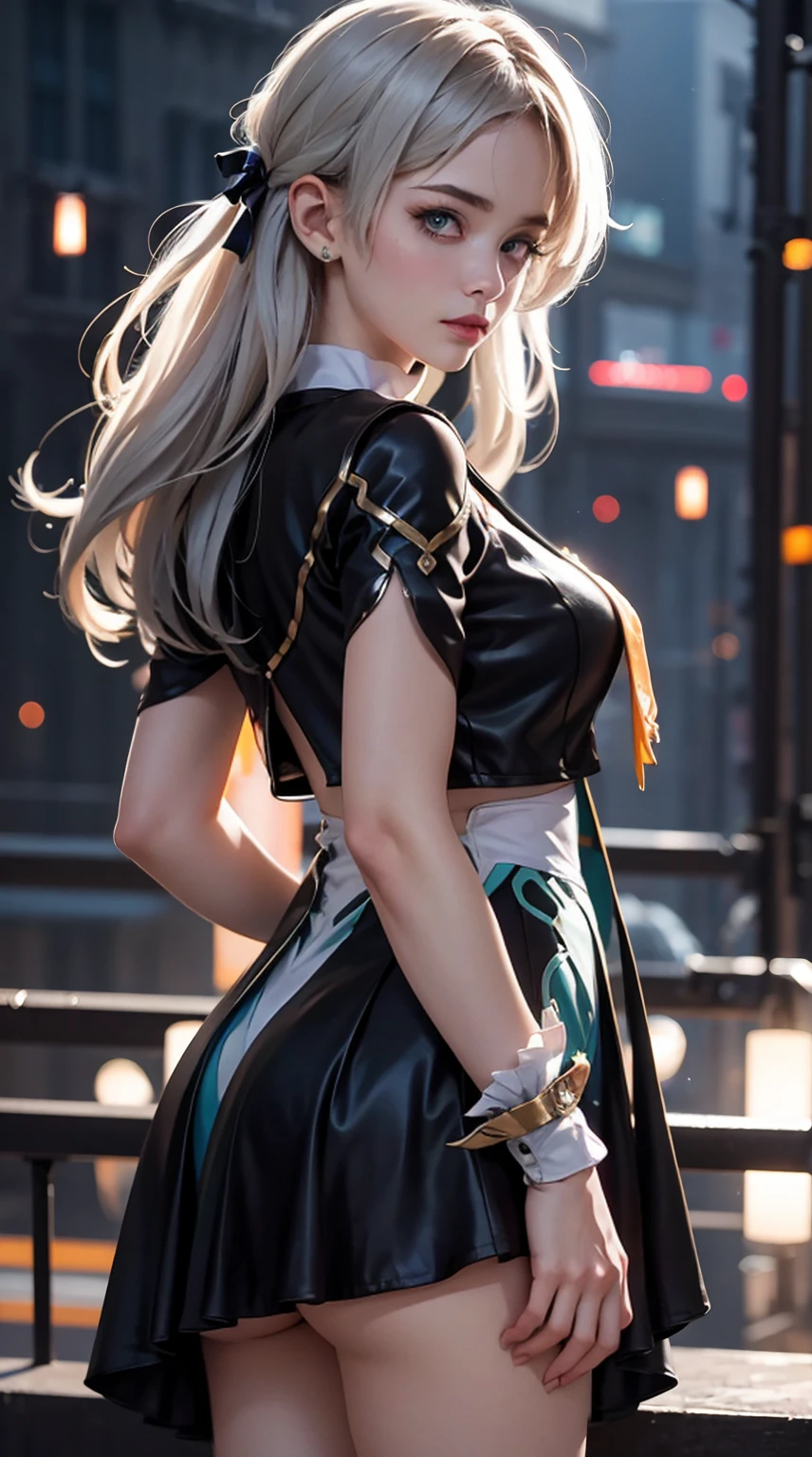 WZRYhuamulanRXZQ, 1girl, solo, long hair, dress, white hair, bare shoulders, multicolored hair, hair ornament, bangs, lips, asymmetrical gloves, breasts, orange eyes, <lora:WZRYhuamulanRXZQ:0.75>,cityscape, night,looking at viewer, mature female, thighhighs, hand on hip, cowboy shot,