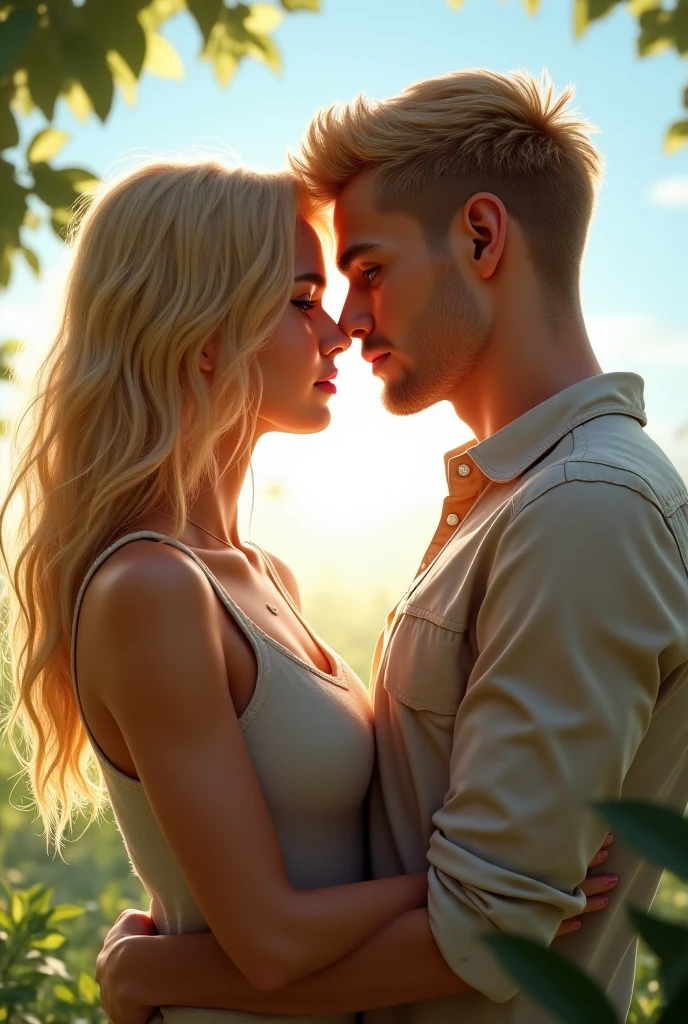 Generates a hyperrealistic image of a couple hugging, She has long blonde hair and brown eyes, The tall black hair, blue eyes and further away another couple holding hands who look at them with envy, She has short blonde hair and he has strong blonde hair