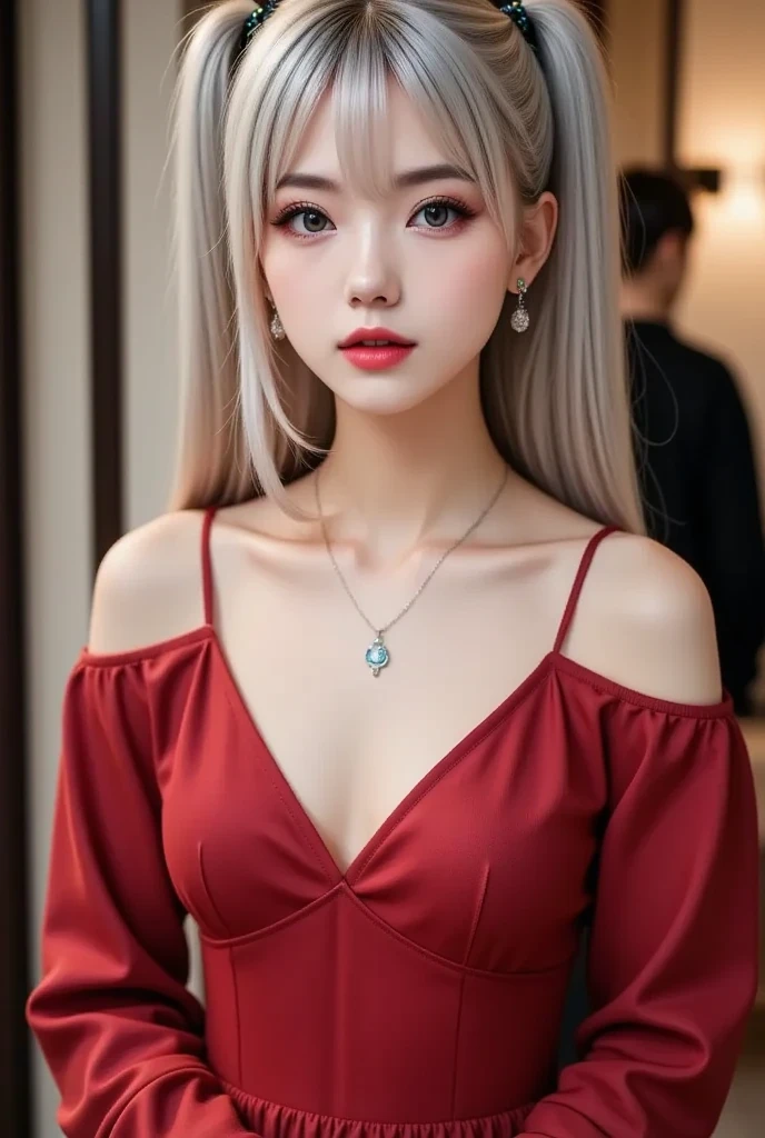 delicate with long gray hair, split in the middle, wavy and with a long red dress, large with its dropped sleeves to highlight your marked collarbone and some accessories