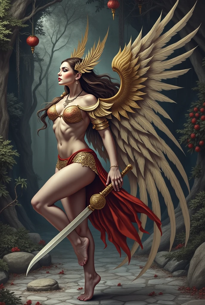 pranger pose, a naked valkyrie, beautiful woman, full body, flowing red hair, muscular athletic body, red angelic wings, dramatic lighting, fantasy landscape, oil painting, dramatic pose, volumetric lighting, highly detailed, cinematic, masterpiece, (best quality,4k,8k,highres,masterpiece:1.2)