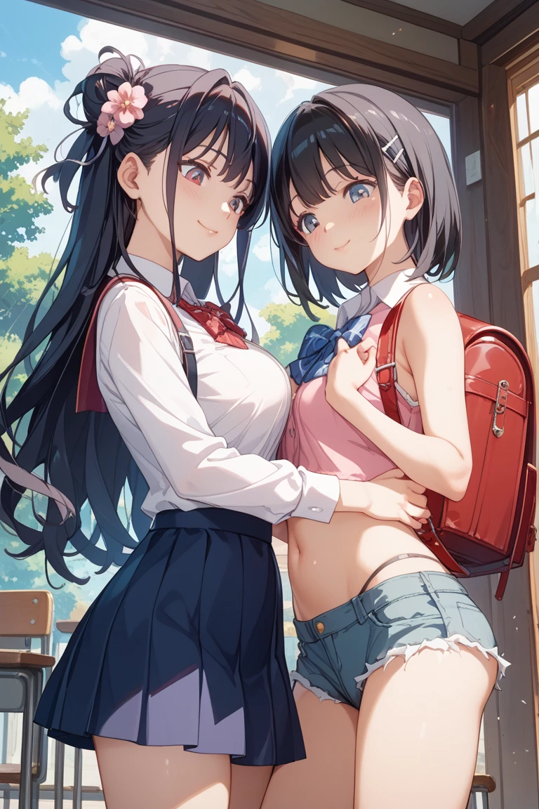 (Best quality, 8k, 32k, Masterpiece, UHD,:1.2),RAW, ((2girls)),ultra cute , natural lighting,transparent shining eyes, 20yo,medium breast ,fair complexion ,flushed face, dynamic angle,, (ecstasy:0.8) ,(slut:0.8), (vulgarity:0.8), (fucked silly:0.8),(steam:0.8),,(trembling:1.3)),(tears:0.7) ,sweat, Happily, blush, at classroom, skirt, eye contact, nsfw, unbuttoned, bra,show off panties, From Behind, Touching each other