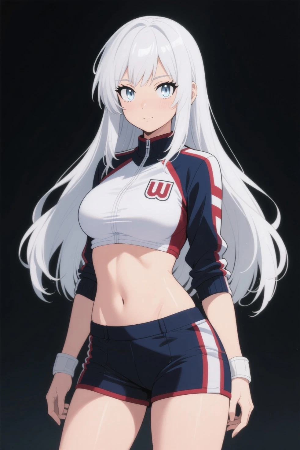 Screenshot My hero academia, Appearance: long white hair with some black strands, pale skin, flat stomach, big breasts, waist, linda, parts, The girl is wearing the UA cheerleader uniform and has an upset face.