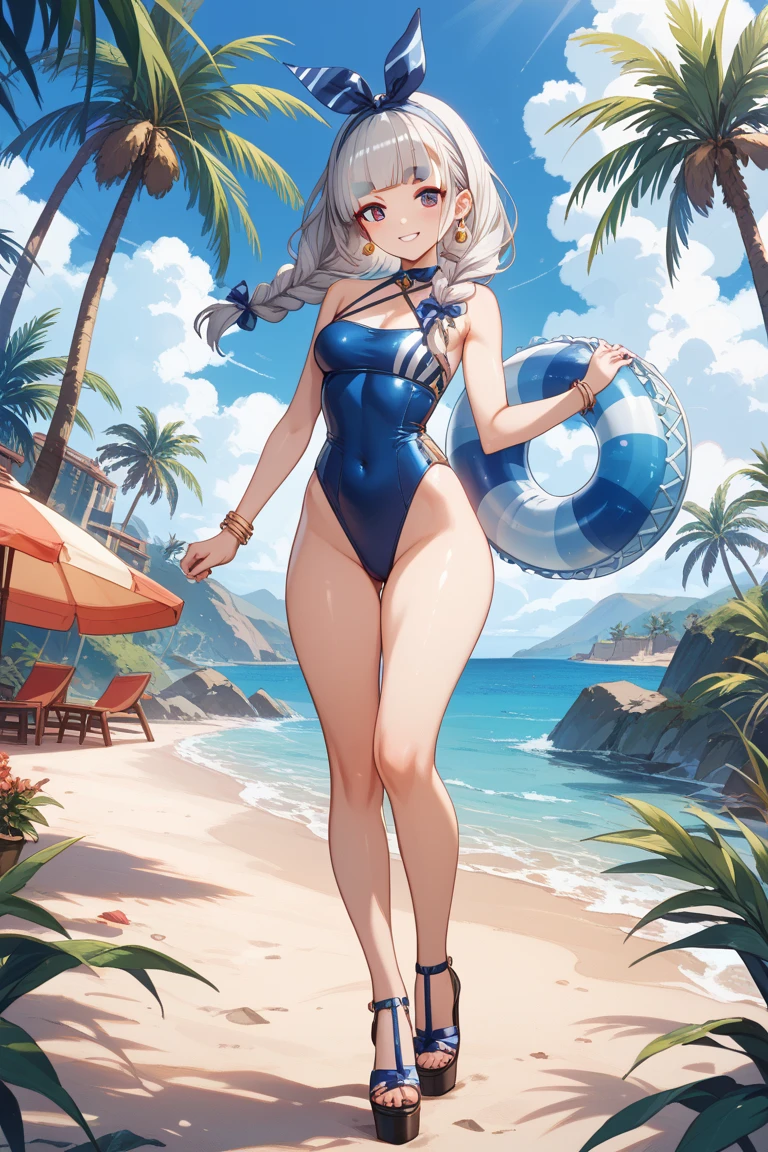 High level image quality best image quality 8K adult woman beach sunset palm trees whole body view portrait blue bikini horn ears short hair((shortcut)(gray hair)(perm)(fluffy)) eye color is blue , pink sunglasses , attractive evil face , smile , sexy pose , labrynth , barearm , wearing white shirt , standing , crossed leg style in detailed , view from behind