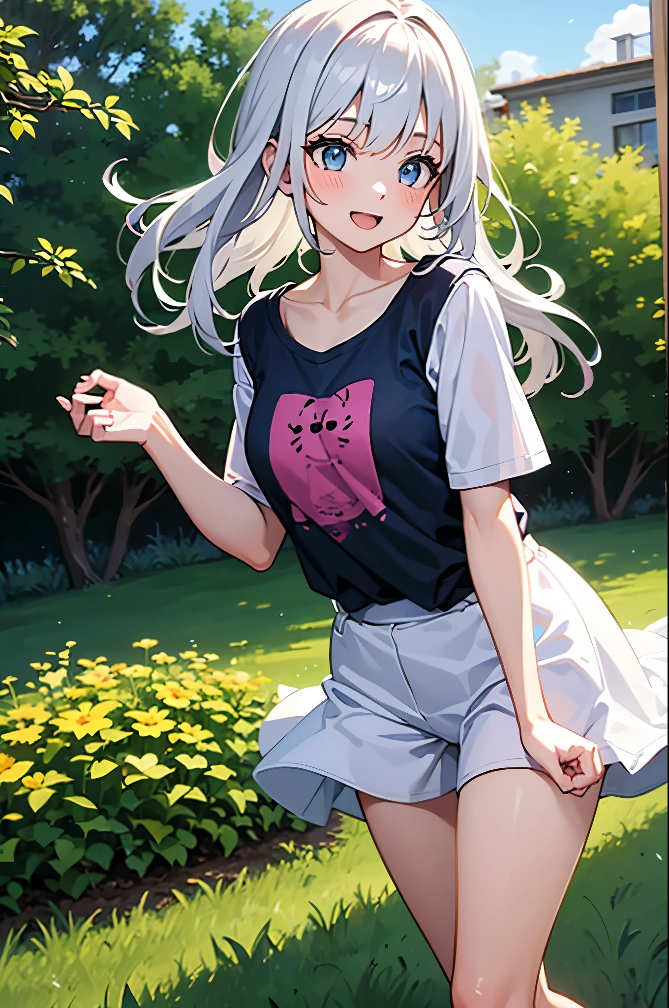 (dark skin,Silver Hair,Fox Girl),(Perfectly detailed face),(Young),twintails ,(camisole,mini skirt),(((skirt lift))), (((Black underwear))),cameltoe,garden,noon,sweaty,Smirk,High resolution, masterpiece, Highest quality, High resolution, Cowboy Shot