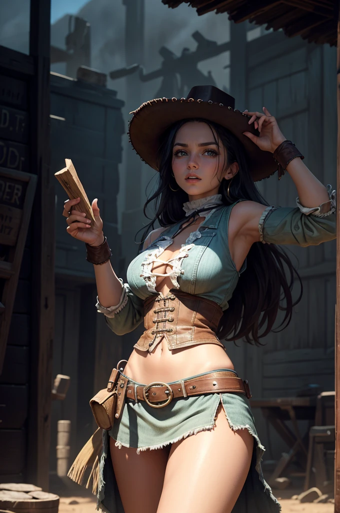 Alluring Beautiful ghost Cowgirl, Beautiful ghostly transluscent Skin, Amazing Athletic Toned Body, topless, leather suspenders, Leather Cowboy Hat, Skimpy Denim Shorts, big leather belt with gun holster, At A Desert Farm With Cactus Background at night, green ghostly vapors emenating from her form, Western Theme, ghost theme, Beautiful Face, Ominous Gothic Theme, Fiverr Dnd Character, Octane Render, Digital Art, Extreme Detail, 4k, Ultra Hd, Polished, Beautiful, Hyperdetailed, Intricate, Elaborate, Meticulous, Photorealistic, Sharp Focus, Wlop, Character Design, Unreal Engine, 3d Rendered, Volumetric Lighting, Reflections, Glossy, Digital Illustration, Pose, Suggestive Pose, Lewd, Full Body Shot, large breasts, anatomically correct 💖❤💕💋❣
