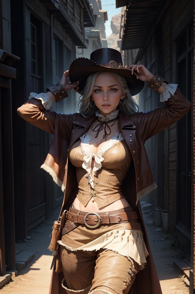 gothic, fit, thick, western, dark, ponytail, white hair, (blue eyes:1.3), pink eyes, (heterochromia:1.2), BREAK gloves, hat, navel, detached sleeves, midriff, belt, very tight, skin-tight, leather, brown pants, black pants, white gloves, black headwear, cowboy hat, hands on hips, BREAK sitting, outdoors, night, stars, moon, gothic, western, desert town, , BREAK looking at viewer, (cowboy shot:1.5), BREAK (masterpiece:1.2), best quality, high resolution, unity 8k wallpaper, ULTRA DETAIL, pretty face, purple lipstick, (illustration:0.8), (beautiful detailed eyes:1.6), extremely detailed face, perfect lighting, extremely detailed CG, (perfect hands, perfect anatomy), cameltoe, tight jacket, tight corset, brown, black, white, cleavage, chest, tight shirt, white, buttoned, vest, tight vest
