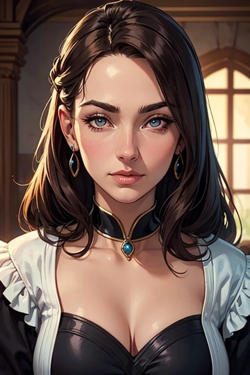 Beautiful European woman, wearing provincial medieval dress of the time; She is located in the atrium of a large library with a Gothic structure; She holds a book in her hands; clear daylighting; Her gaze has been captivated by her reading; woman with curly dark brown hair; eyes consumed by reading it; masterpiece; fine details in the woman; fine details in the woman's hands; fine details on the woman's face; cinematographic image