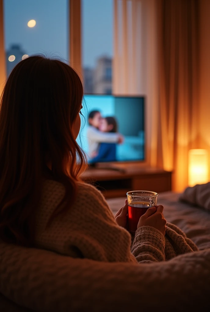 a bed, a tv connected with netflix, the night, a woman holding a glass of wine
