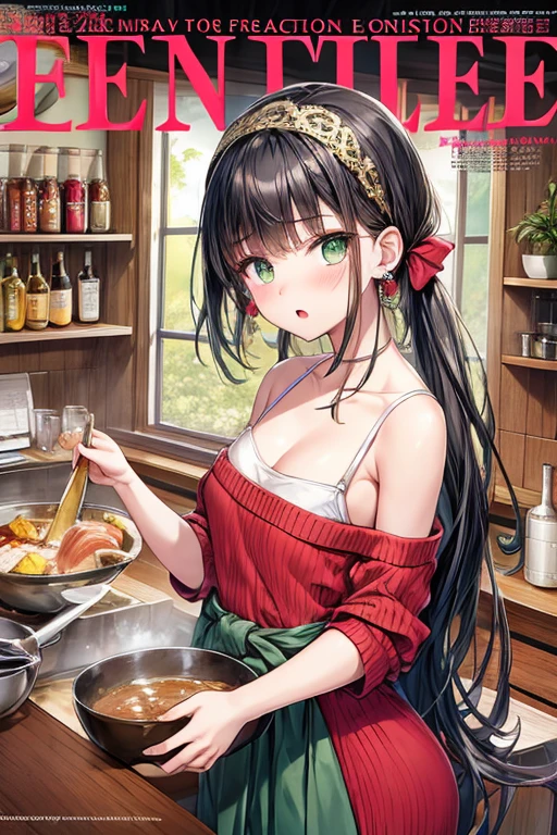(small breasts:1.3), (perky chest:1.1), (pointed chest:1.0), (fashion magazine cover:1.3)，(from above:1.0),(from side:0.9),masterpiece, 1girl, Amazing Cleavage:1.1, thin waist, big ass, Raised sexy, small breast: 1.3, posed cleavage:1.2、solo, looking at viewer, open mouth, have a cute grass of cute beergrass,black hair, dark green eyes, dress, bare shoulders, jewelry, collarbone, sidelocks, hairband, earrings, indoors, off shoulder, :o, sweater, arms behind back, plant, short hair with long locks, gild hairband, off-shoulder dress, sweater dress, off-shoulder sweater, red sweater, dark gord hair, big side hair, very long side hair,is rendered in (masterpiece: 1.2, best quality), with (ultra high resolution) and an exquisite (depth of field). This masterpiece is not only visually stunning but also tells,A scene of cooking in the kitchen by classroom
