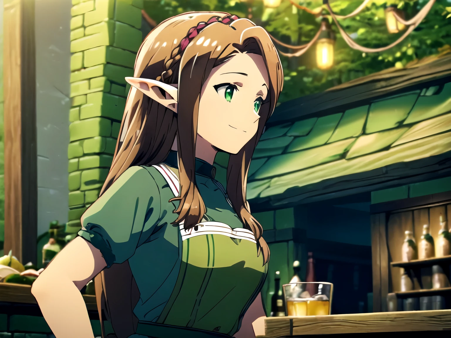 1人のfemale, (Big Elf:1.4) female, green eyes, Auburn Falls Braid, Brown Hair
Portrait , solo, upper body, look away, Detailed Background, detailed face, (Tavern in the Forest:1.1) smile, bartender, simple green tight dress, Brown Corset, apron, background:English Pub , Cheerful bar atmosphere,
