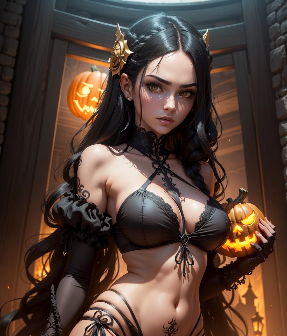 (masterpiece:1.2, best quality), Preteen fairy gothic Mila Kunis. dark spooky background, skeletons walking, trees without leaves, spooky atmosphere, Halloween pumpkins, Halloween, haunted, huge breasts, (Dynamic posture), (shiny skin, darkskin), black dress, (Sahara Desert), black ponytail, bangs, (jewellery, gold ornament:1.15), big pelvis