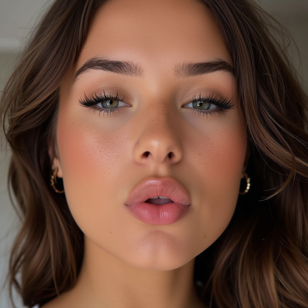 A close up portrait photo of a beautiful brunette bimbo, (18 years old:1.2), perfect face, dark brown hair up in a messy bun, big puffy pink lips, bimbo lips, lip filler, pouting, seductive smile, makeup, eyeshadow, eyeliner, sexy, sharp features, angular face, beautiful detailed eyes, slim, skinny, eyebrows, (natural breasts), (cleavage), (tight dress), realistic anatomy, photoreal, realistic skin texture, skin imperfections, pores, subsurface scattering, (highly detailed face), sharp jawline, (ultra realistic), (gorgeous)