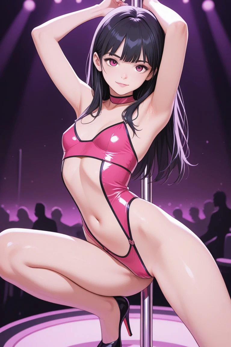 masterpiece, super fine illustration, best quality, light particles, ultra-detailed, 8K wallpaper, (bright colors:1.2), solo, (a woman), medium breasts, (blunt bangs:1.3), straight hair, shiny hair, shiny skin, delicate linestailed face, extremely beautiful red eyes, anime eyes, slant eyes, shiny eyes, seductive smile, blush cheeks, slingshot swimsuit, nipple, vagina, (pole dance:1.4), stage, nsfw, light up,
