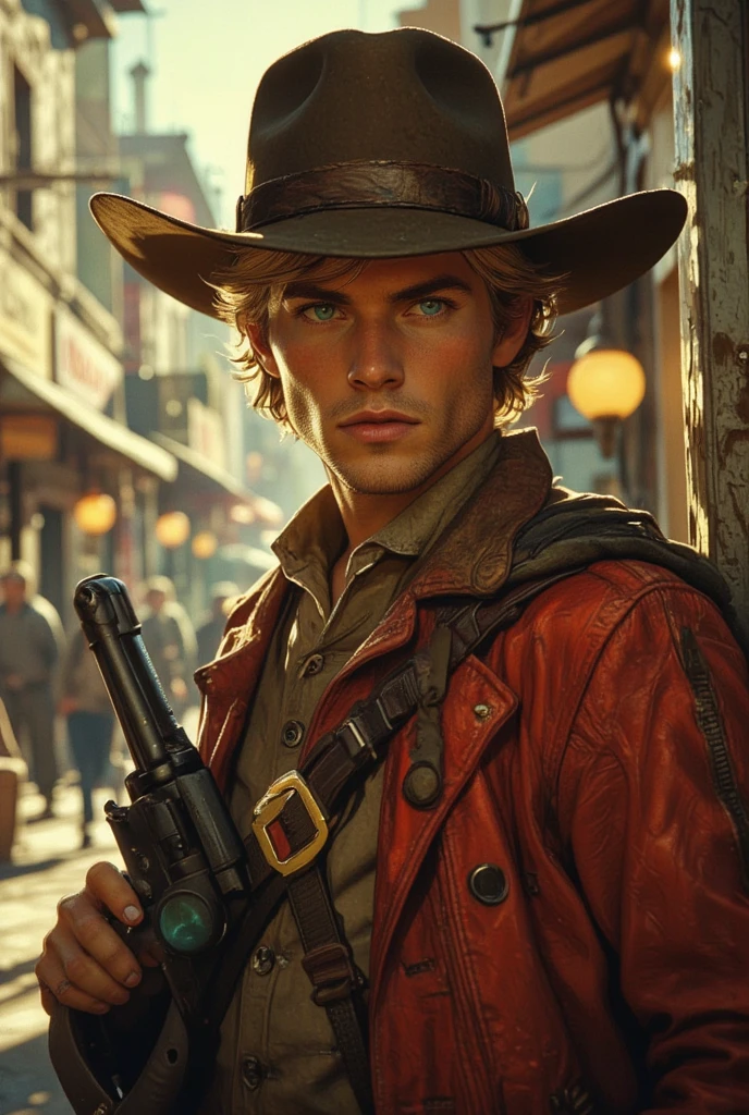Gunfighter, young american man, detailed portrait of Luke Skywalker, Starwars but like Wild West in 1750 year, western movie style, at the street of small town, athletic physique, ((brown-red vintage clothing:1.5)), cowboy hat, bright skin, short bright hair, detailed intense blue eyes aggressive look, western cinematic, cannon 6d, faded soft colours, vintage aesthetic