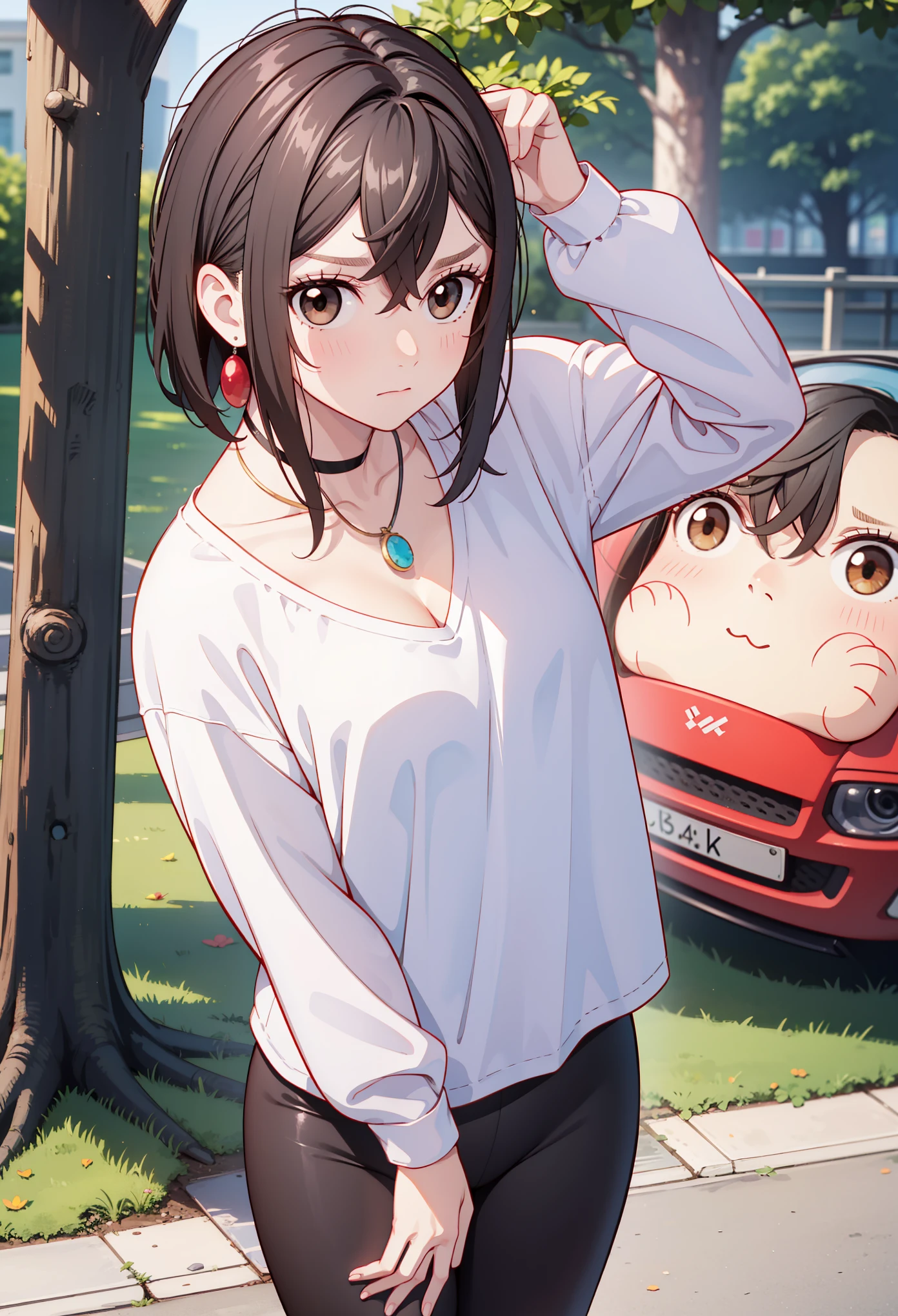 score_9, score_8_up, score_7_up, 1 female, Ayase Momo (dandadan), Ayase Momo, perfect eyes, perfect face, small breasts, medium chest, brown hair, reddish brown eyes, Gorgeous Body Shaping, big hips, solo (Sexy Photoshoot), (masterpiece, Highest Quality) ,
White Long Sleeve Tee, round cleavage, black leggings slightly above, necklace,
charming beauty, tight expression ,
樔 ããããã, hiding in 低tree,
tree々, 低tree, Park, daylight,