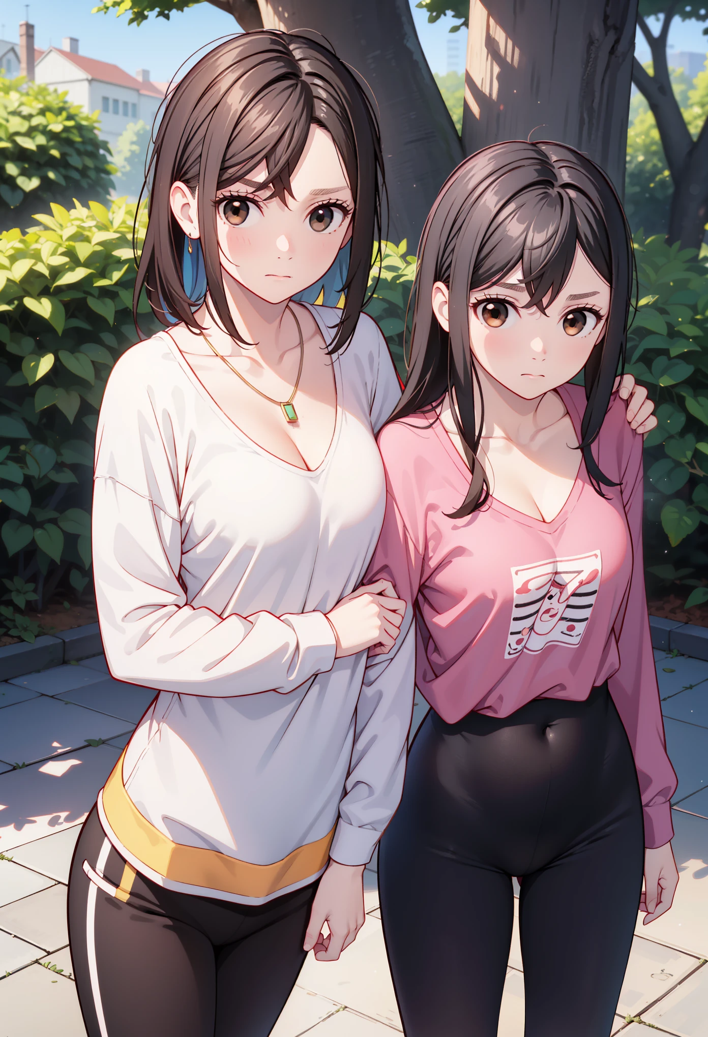 score_9, score_8_up, score_7_up, 1 female, Ayase Momo (dandadan), Ayase Momo, perfect eyes, perfect face, small breasts, medium chest, brown hair, reddish brown eyes, Gorgeous Body Shaping, big hips, solo (Sexy Photoshoot), (masterpiece, Highest Quality) ,
White Long Sleeve Tee, round cleavage, black leggings slightly above, necklace,
charming beauty, tight expression ,
樔 ããããã, hiding in 低tree,
tree々, 低tree, Park, daylight,