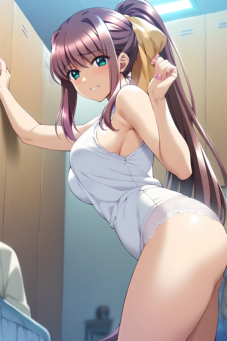 1990s,(style), (cel anime:1.1), official art,extremely detailed CG unity 8k wallpaper, perfect lighting,Colorful, Bright_Front_face_Lighting, (masterpiece:1.0),(best_quality:1.0), ultra high res,4K,ultra-detailed, photography, 8K, HDR, highres, absurdres:1.2, Kodak portra 400, film grain, blurry background, bokeh:1.2, lens flare, (vibrant_color:1.2),(from very below,ceiling:1.2),perfect anatomy,upskirt:1.3,brown hair,long hair,ponytail,yumi sayaka, (cute cheerleader uniform,micro miniskirt:1.3) (knee boots:1.3), choker, white gloves, choker, elbow gloves, jewelry, earrings, cowboy shot, 1990s,(style), indoors, (shiny skin), medium breasts,1990s,(style),(frown,shame, embarrassed,anger,furrowed brow,closed eyes tightly,crying,tearly,opened mouth,screaming,full-face blush,:1.3) ,arms up,shibari,(shibari over clothes:1.6),bdsm,(bound wrists together:1.1),panties,cameltoe, erotic,(leg up,stand split leg, i-balanced,toe up, show white-high-cut-panty from micro-miniskirt:1.5),arched back,panties focus,pectoral cleavage,gipple,standing,