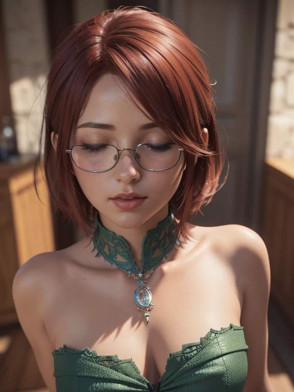 portrait, Close-up, upper body. looks at me. The cherry tree is blooming in the garden.. Short, Red hair, green eyes, green qipao, smile, vulgar girl 15 years old, metal frame glasses. (masterpiece, top quality, Best quality, official art, beautiful and aesthetically pleasing:1.2), extremely detailed,(fractal art:1.2),colorful,The most detailed, (dynamic pose), (Many colors:1.4). ((split. skin texture, Shiny skin. elegance. photorealism. unreal engine. 3D model. Ultra high quality textures. high detail. permission 8k))