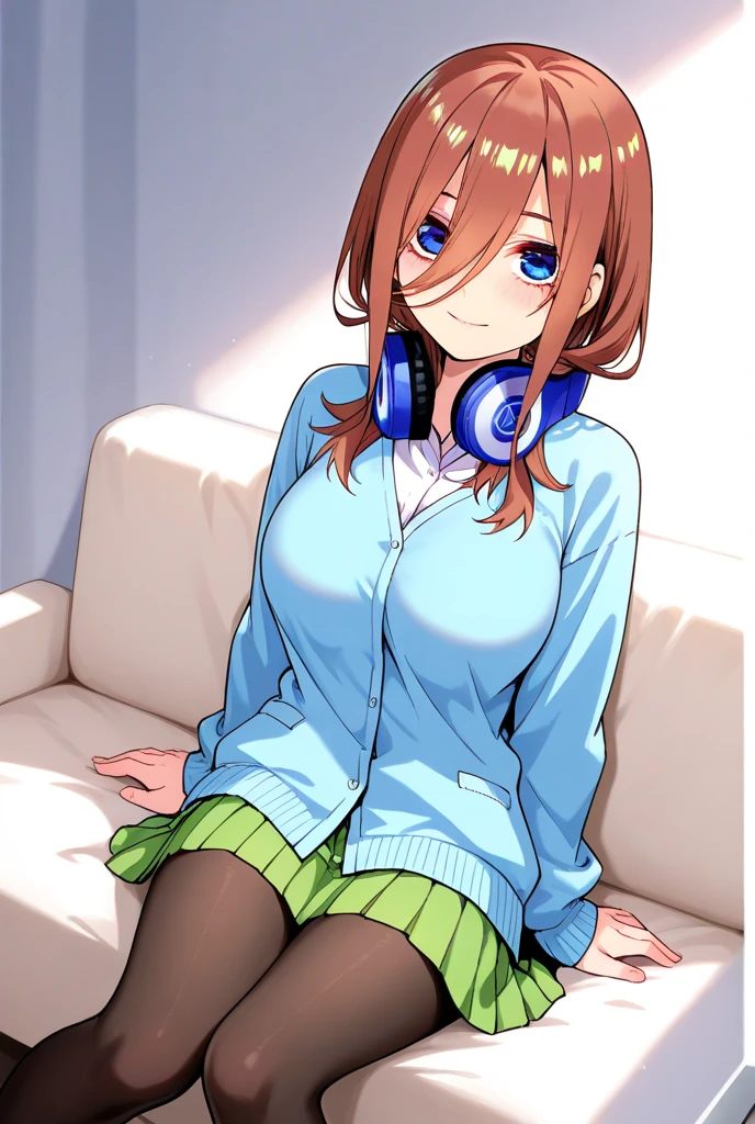 (8K, Highest quality, Highest quality, masterpiece), sit on the floor, (denim hot micro shorts), (vulva peek), big breasts, ((spread legs 1:2)), nm1, headphones around neck, long sleeves, blue cardigan, pantyhose, (fullbody), smile, school uniform, open jacket