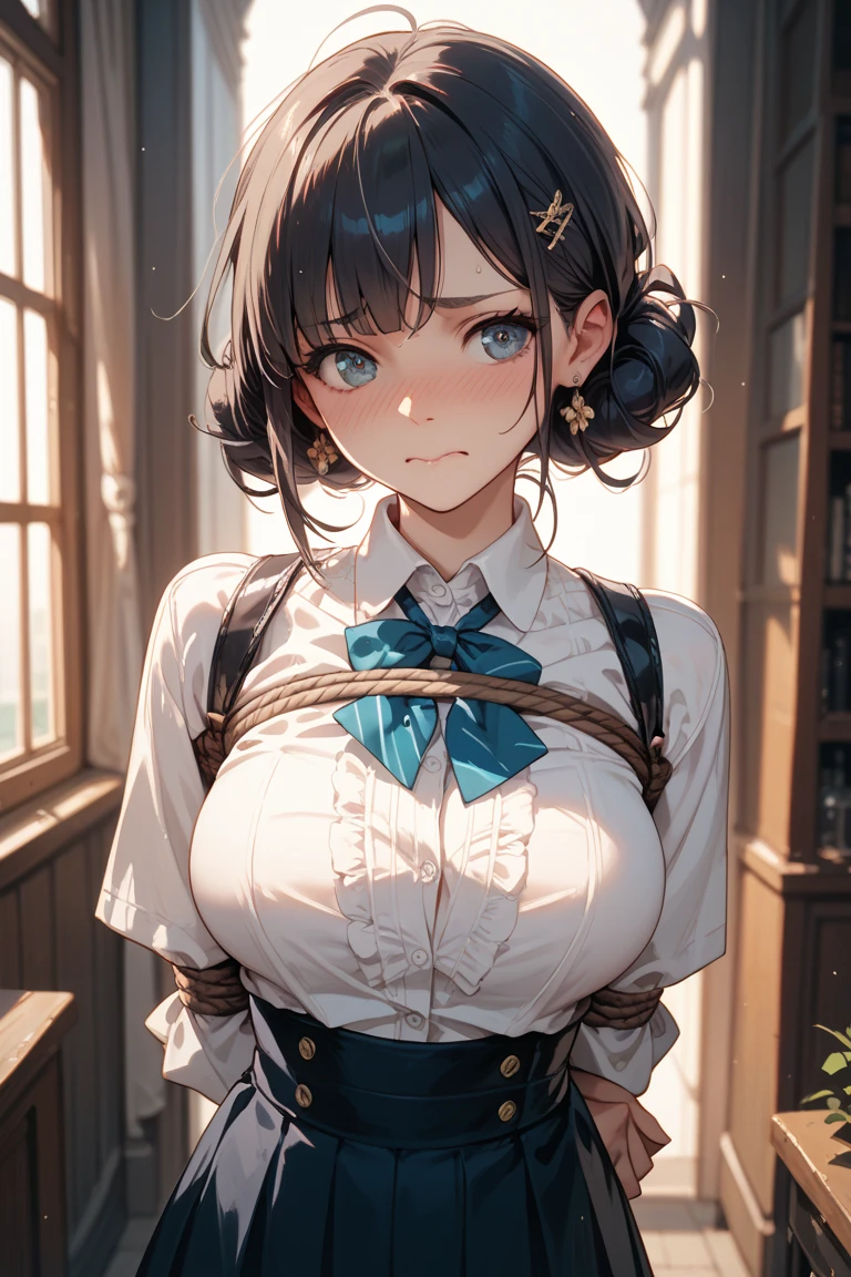 Mid-chest、blush、Sweat、In the heat、Houjou, 1girl, brown slant eyes, brown hair, shoulder length hair, French braid, hairclip, center part bangs, wavy bob, small breast, braid bangs,
white blouse, gray skirt,
White yukata, blue obi,
Maid, apron, maid headdress,
gray blazer, pale-turquoise tie,
sailor, school uniform,
Greek clothes, chiton, himation,
{Highest quality}, {so beautiful}, {Very detailed}, {Best illustrations},Life、