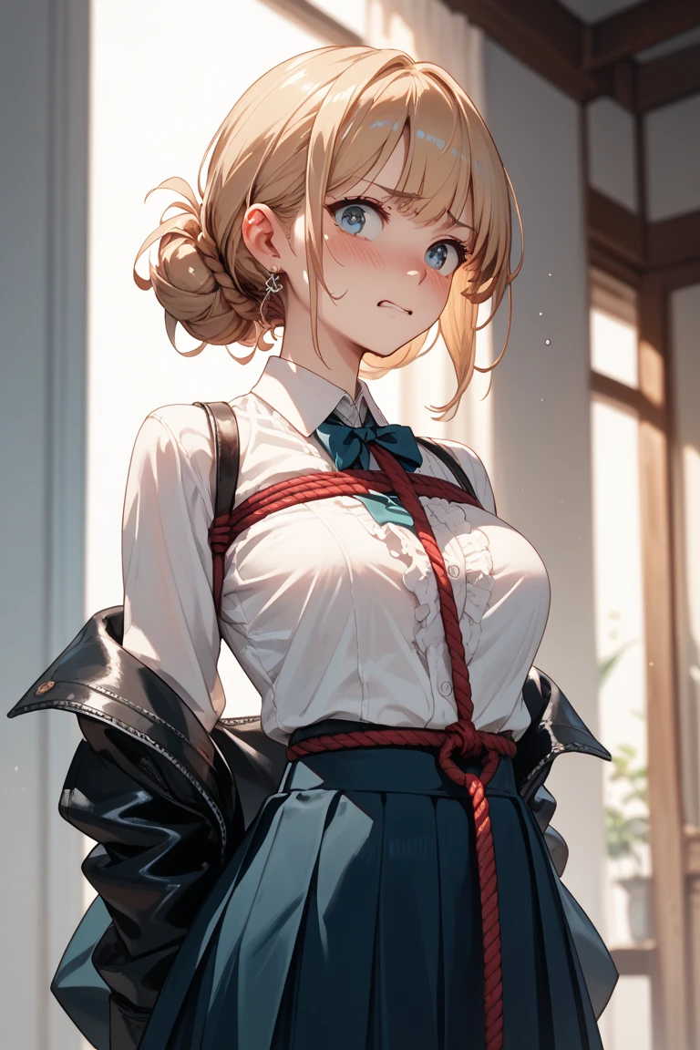 woman, ((Masterpiece, best quality)), girl,1girl, (medium breasts),((excited face)),((hyper detailed perfect eyes)),((huge blond ponytail)),intricate eyes,beautiful detailed eyes,symmetrical eyes,(spider lower abdomen,narrow waist,wide hip,athletic body,inflated legs,thick thighs),(detailed face),beautiful detailed lips, (((college girl, college))),((school girl outfit, school girl)),((skirt,black skirt,cleavage,frilled skirt,micro,skirt frills)),((white shirt,skinny shirt,thighhighs,white thighhighs )), ((silky material)) (cute pose:1.0),(((full body:1.5,front view:1.3))), highly detailed, cinematic lighting, ultra realistic, blush, looking at viewer, ((takatekote))