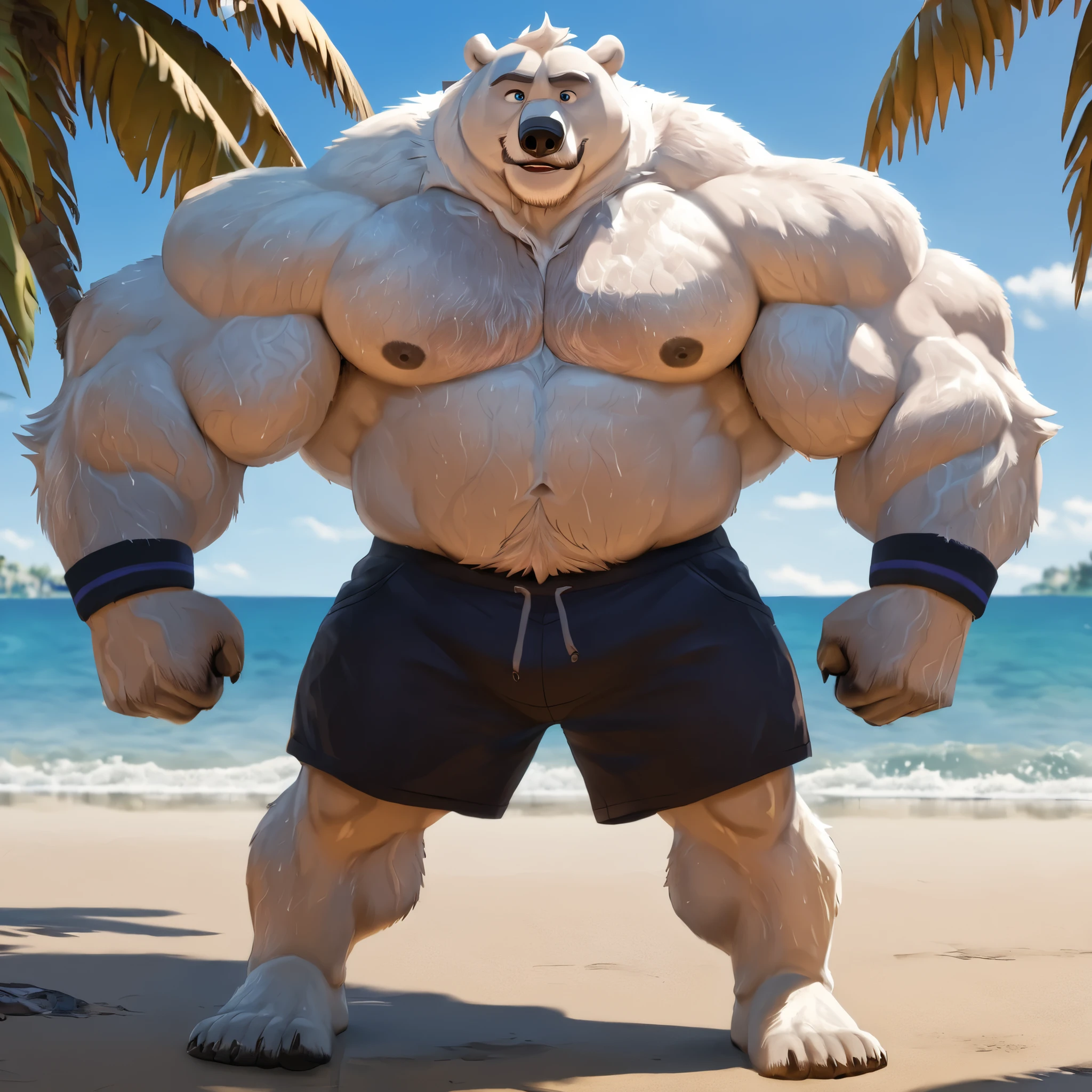 huge muscular polar bear in beach, big hulking flex, grunting smirk, polar bear, huge white fur, thick arm, huge arm, added thick colored gray mustache and beard, short white hair, (veiny muscular, pectoral, wide pectoral, thick arms), beach, palm, Disney, 8k, masterpiece, gray eyebrows added, detailed eyes with blue pupils, great eyes, (wearing black shorts, wristband, shirtless, topless, and feet), flexing his biceps