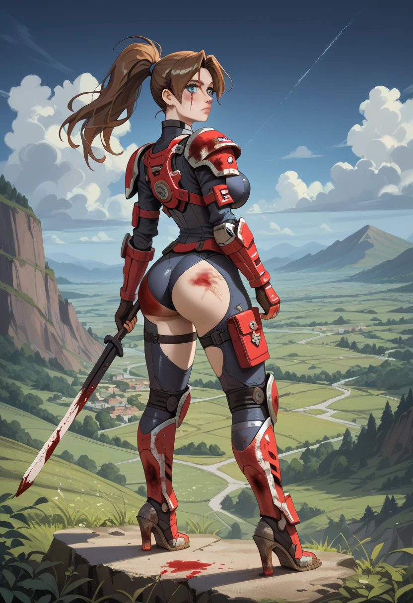 (high resolution, pixel perfect, gorgeous illustrations), (hyper quality, muste piece, etheric: 1.4), ((nsfw)), (((cowboy shot))), face focus, ((1girl)), (female savage), woman, , (((looking back, hand on hip, open stance))), cool atmosphere, black hair, (((((slicked_back_hair))))), Exquisite face, (((black_lips))), blush, (((((((muscular_female))))))), (thick thighs, wide hips, Big breastabout to burst), fighter, (((wh_chi_armor))), (((((topless, thong))))), high heel boots, shiny skin, gleaming skin, sweat, simple background,