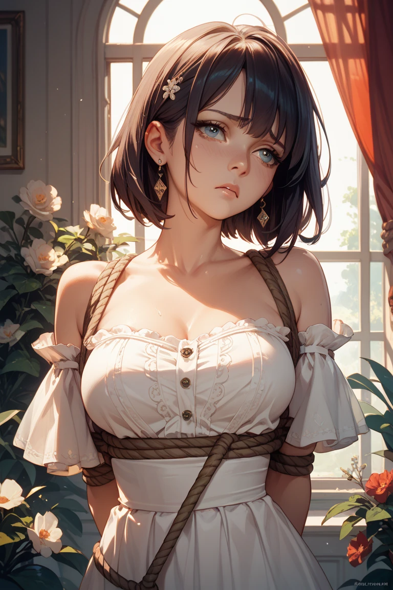 (from above:1.2), (perky chest:1.2), (pointed chest:1.2), 1girl, Bust A Cup, Amazing Cleavage:1.1, thin waist, big ass, Raised cute, small breast: 1.1 posed cleavage:1.2、solo, looking at viewer, have a cute glass of cute beer glass,black hair, dark green eyes, dress, bare shoulders, jewelry, collarbone, side locks, hairband, earrings, indoors, off shoulder, arms behind back, plants, short hair with long locks, gild hairband, off-shoulder dress, sweater dress, off-shoulder sweater, red sweater, dark gold hair, big side hair, very long side hair,is rendered in (masterpiece: 1.2, best quality), with (ultra high resolution) and an exquisite (depth of field). This masterpiece is not only visually stunning but also tells,A scene of cooking in the kitchen
