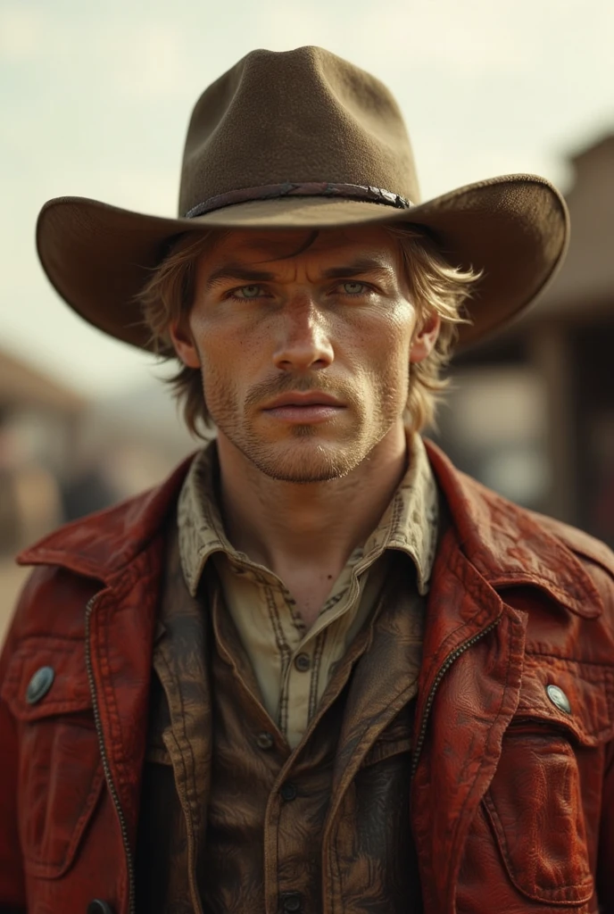 Gunfighter, young american man, detailed photo of Luke Skywalker, Starwars but like Wild West in 1750 year, western movie style, at the street of small town, athletic physique, ((brown-red vintage clothing:1.5)), cowboy hat, bright skin, short bright hair, detailed intense blue eyes aggressive look, western cinematic, cannon 6d, faded soft colours, vintage aesthetic