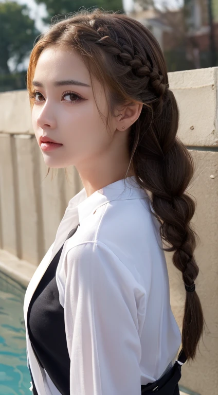 close-up of beautiful beautiful korean female, 34 inch breasts size, braided ponytail, wearing long sleeve shirt, necklace , bokeh background,UHD