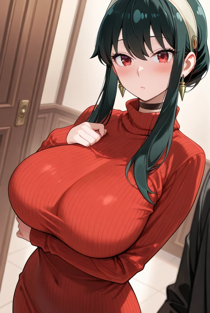 masterpiece,best quality, off-shoulder_sweater, solo, yor_briar, 1girl, red_sweater, looking_at_viewer, shiny hair, sidelock, hairband, gold_earrings, bra lift, morning、Resort Hotel Rooms、Natural sunlight、cowboy shot, blush, mini skirt、large breasts, from the front、((spread legs)), ((panties)), On the bed、orgasmic satisfaction expression, slutty face,