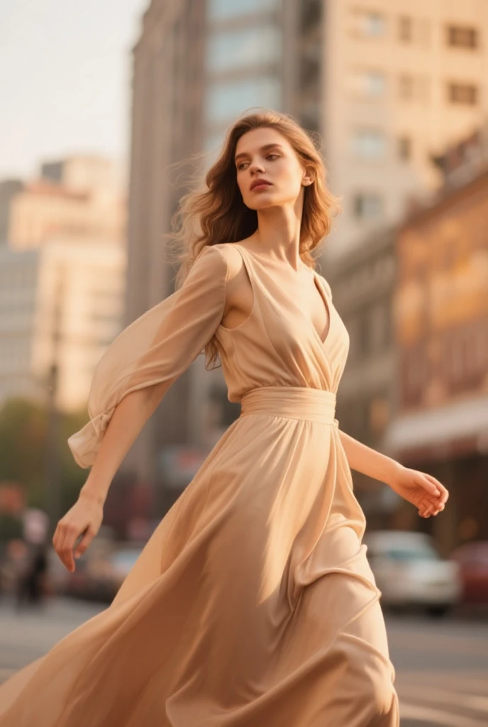 portrait photography, beautiful young woman with transparent western tunic dress, eyes visible through hair, proper eye position, natural skin, backlight, cinematic light, rim light, soft light , hips, in night time, city side background, detailed color graded background, intricate , highly detail, octane render, HD, 8k, by Annie Leibovitz