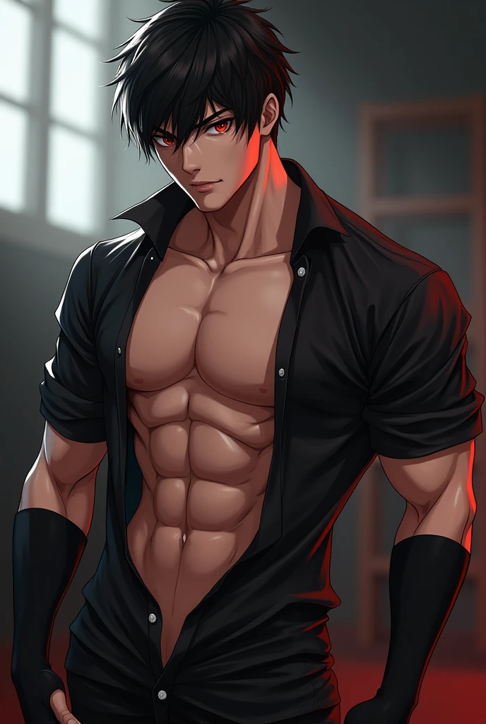 masutepiece, Best Quality, ultra-detailliert, mature man, hunk, muscle, Very short hair, Body Steam, Shiny body, (Red Speed, shiny:1.3, Shirtless), Cowboy Shot, Dark skin, arms folded, Simple background,