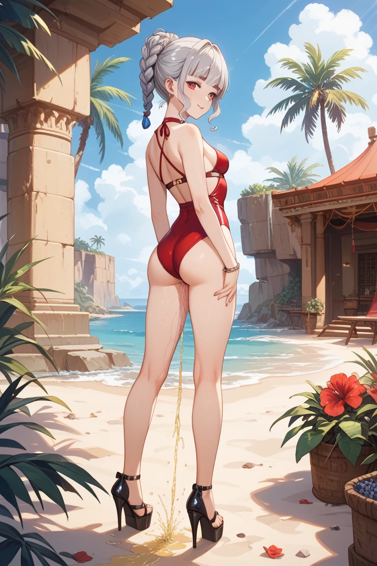 One woman sticks out her ass,NSFW, dark brown hair, Hair up to the neck, drooping eyebrows, Green eyes, {{Green apron}},NAKED Apron, Freckles at the base of the nose, White Gloves ,Smile,a straw fedora hat,blush, a straw fedora hat, from below