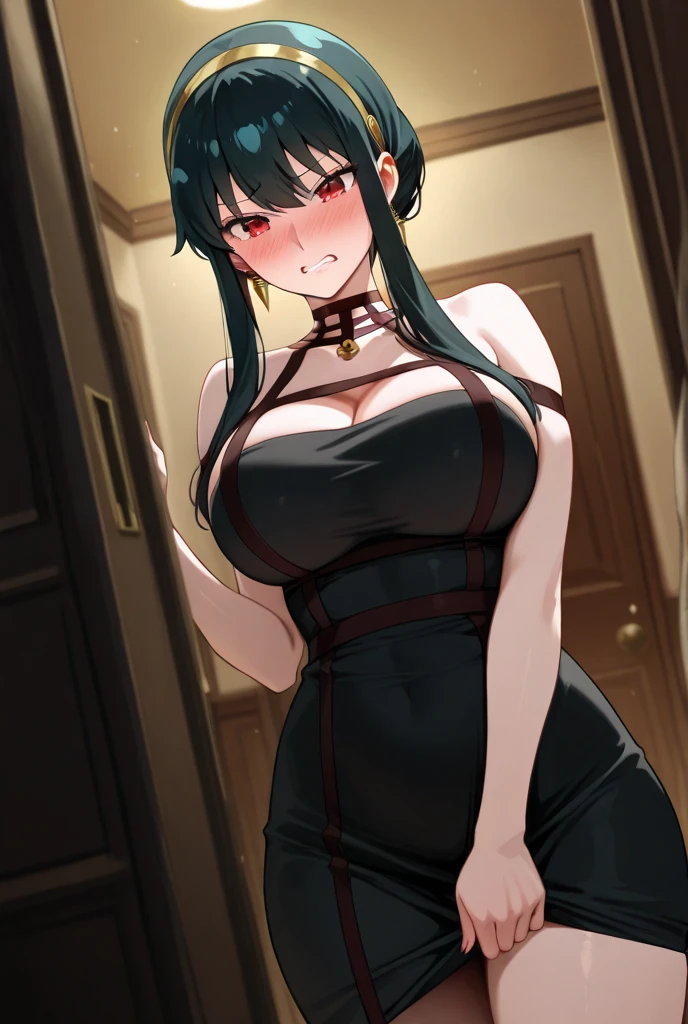 Masterpiece, 1girl, alone, yor forger, Best quality, High Resolutions, aayorf, side locks, gold hair band, hair ornament, black hair, red eyes, gold earring, big breasts, choker, bare shoulders , black dress, two-sided dress, Fingerless gloves, Thigh boots, Cowboy shot, Standing, Field, from the side, large breasts, medium waist, medium hips, wide thighs, embarrassed, seductive