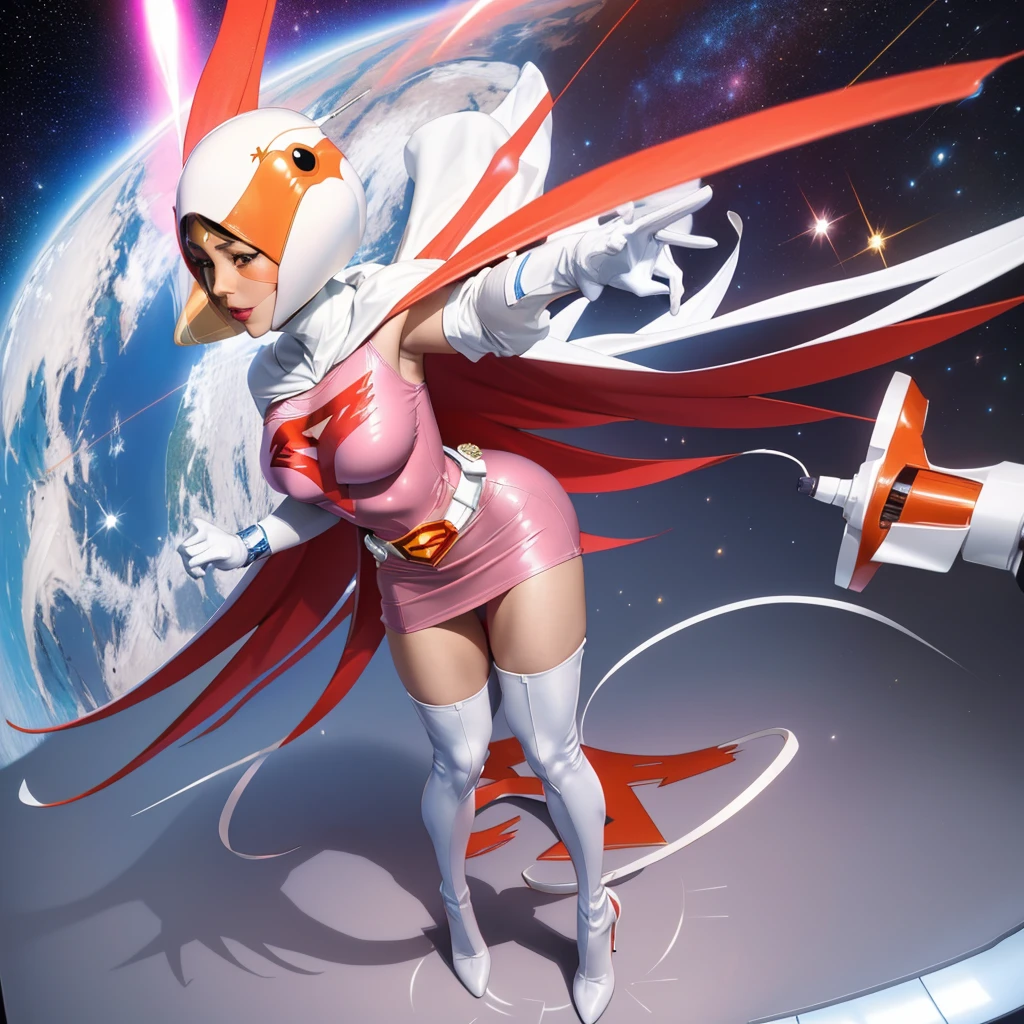 ANI_CLASSIC_jun_gatchaman_ownwaifu,1girl, 15yo,good anatomy, masterpiece, best quality,realistic, hyper realistic, 16k hdr, long hair,breasts,lips,large breasts,lipstick,makeup,gloves,cape,helmet,belt,elbow gloves,white gloves,mask,ultra miniskirt,leotard,spacesuit,white tight overknee highheels boots,pink dress,superhero,bodysuit,cleavage,erected nipples,(standing pose,front view),(spread legs:1.1)