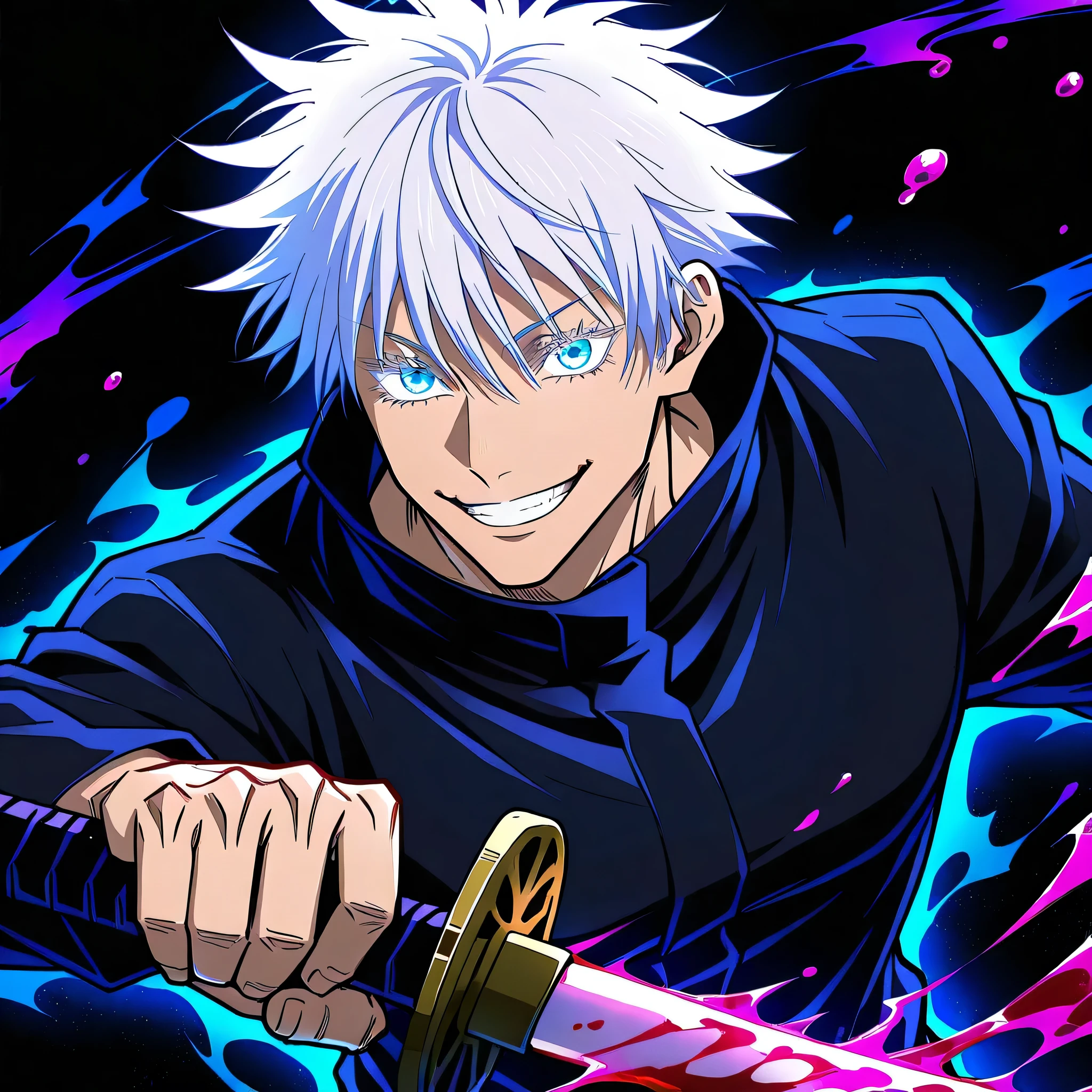 1 man, gojou satoru, jujutsu kaisen, short hair, hair between eyes, blue eyes, muscular, handsome, sexy man, white hair, cool, mature man, glowing eyes, crazy smile, holding sword, glowing sword, blue aura, black background, blood drop, floating dropes, mature male, black leather armor,
