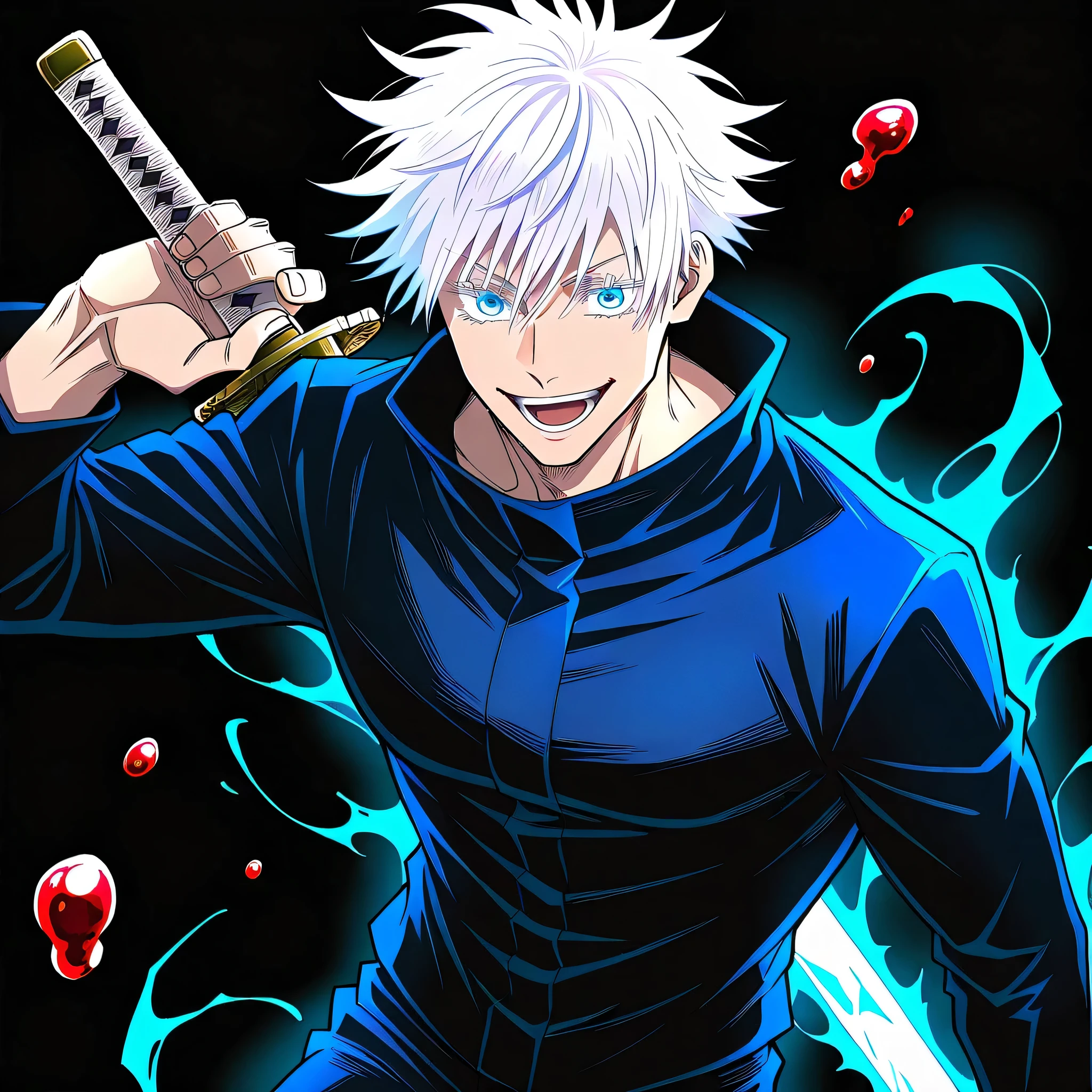 1 man, gojou satoru, jujutsu kaisen, short hair, hair between eyes, blue eyes, muscular, handsome, sexy man, white hair, cool, mature man, glowing eyes, crazy smile, holding sword, glowing sword, blue aura, black background, blood drop, floating dropes, mature male, black leather armor,
