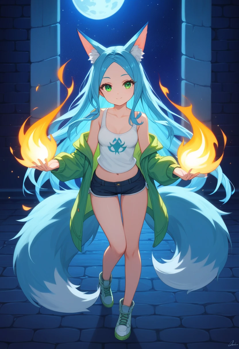 Miku Hatsune, 18 years old women, alta definicion, orejas de kitsune, alta definicion, delantal blanco, fullbody picture alta definicion, flaming eyes